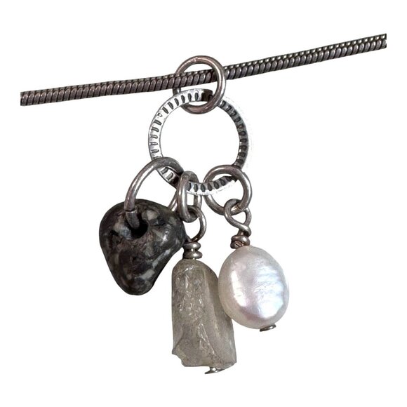 Sterling Silver Italy Snake Chain Necklace W/ Pearl & Stone Charms 16" Italian - Picture 8 of 11